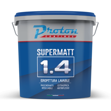 Immagine di un barattolo di SUPERMATT 1.4, l’idropittura lavabile bianca super opaca per interni.